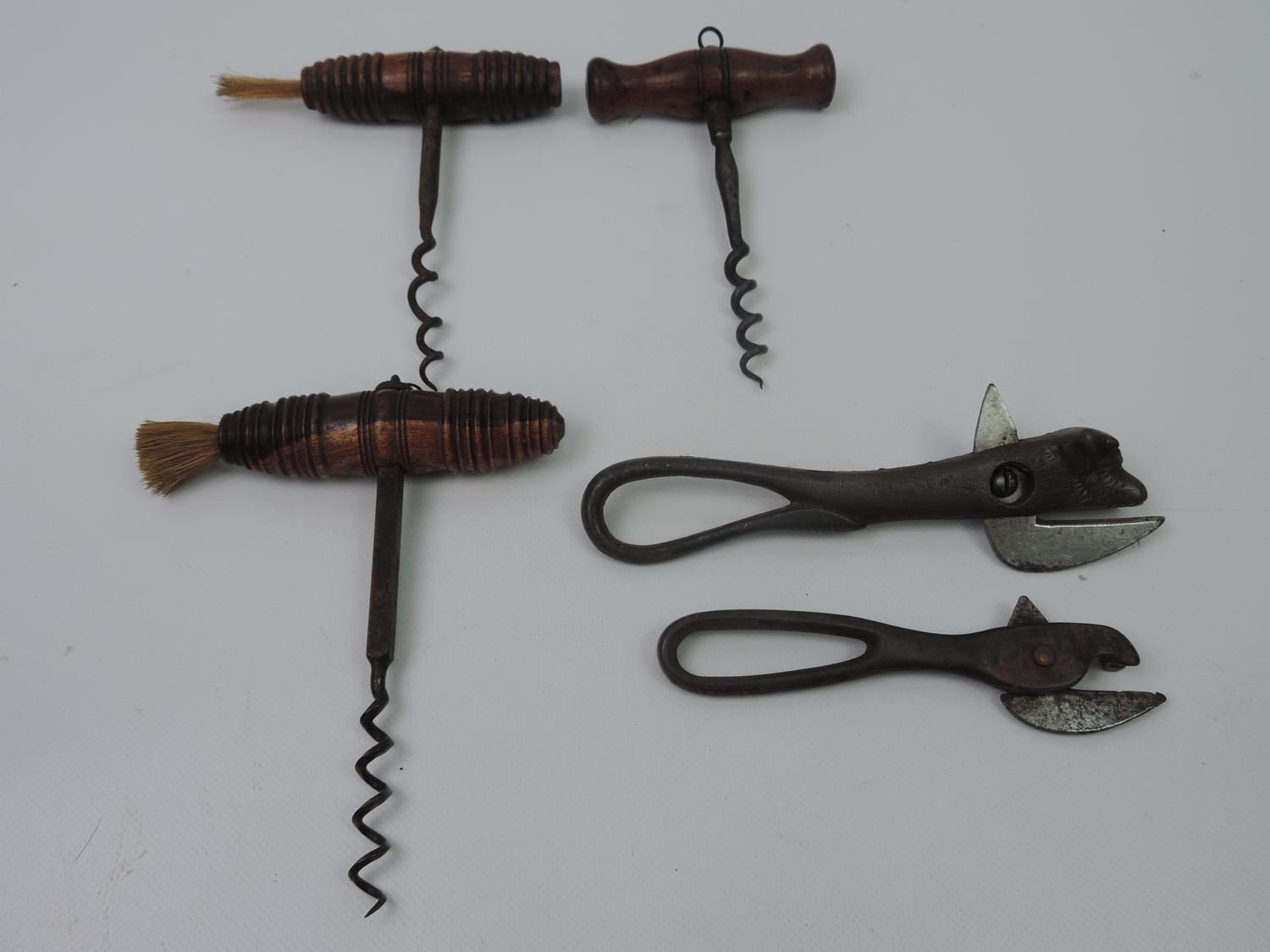 3x Vintage Cork Screws and 2x Can Openers - One in the form of a Cow