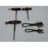 3x Vintage Cork Screws and 2x Can Openers - One in the form of a Cow