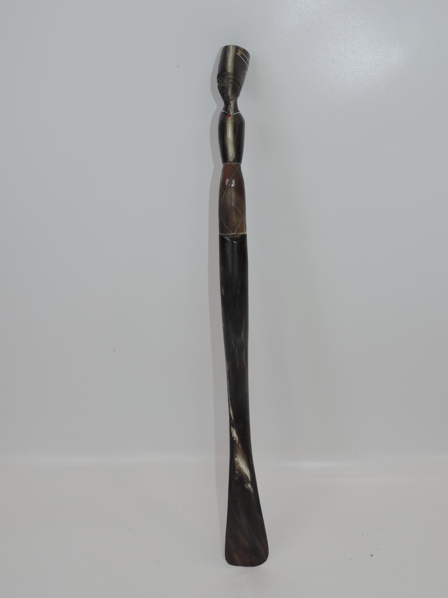 Carved Antelope Horn Shoe Horn with White Metal Mounts and Carved Head Handle