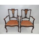 Pair of Inlaid Edwardian Carver Dining Chairs with Upholstered Seats