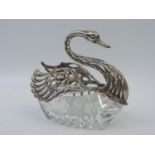 Cut Glass and Sterling Sliver Open Salt in the Form of a Swan with Articulated Wings