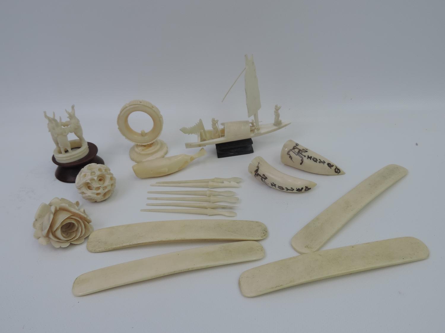 Quantity of Carved Bone and Ivory Ornaments - To Include Brooch and Puzzle Ball
