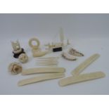 Quantity of Carved Bone and Ivory Ornaments - To Include Brooch and Puzzle Ball