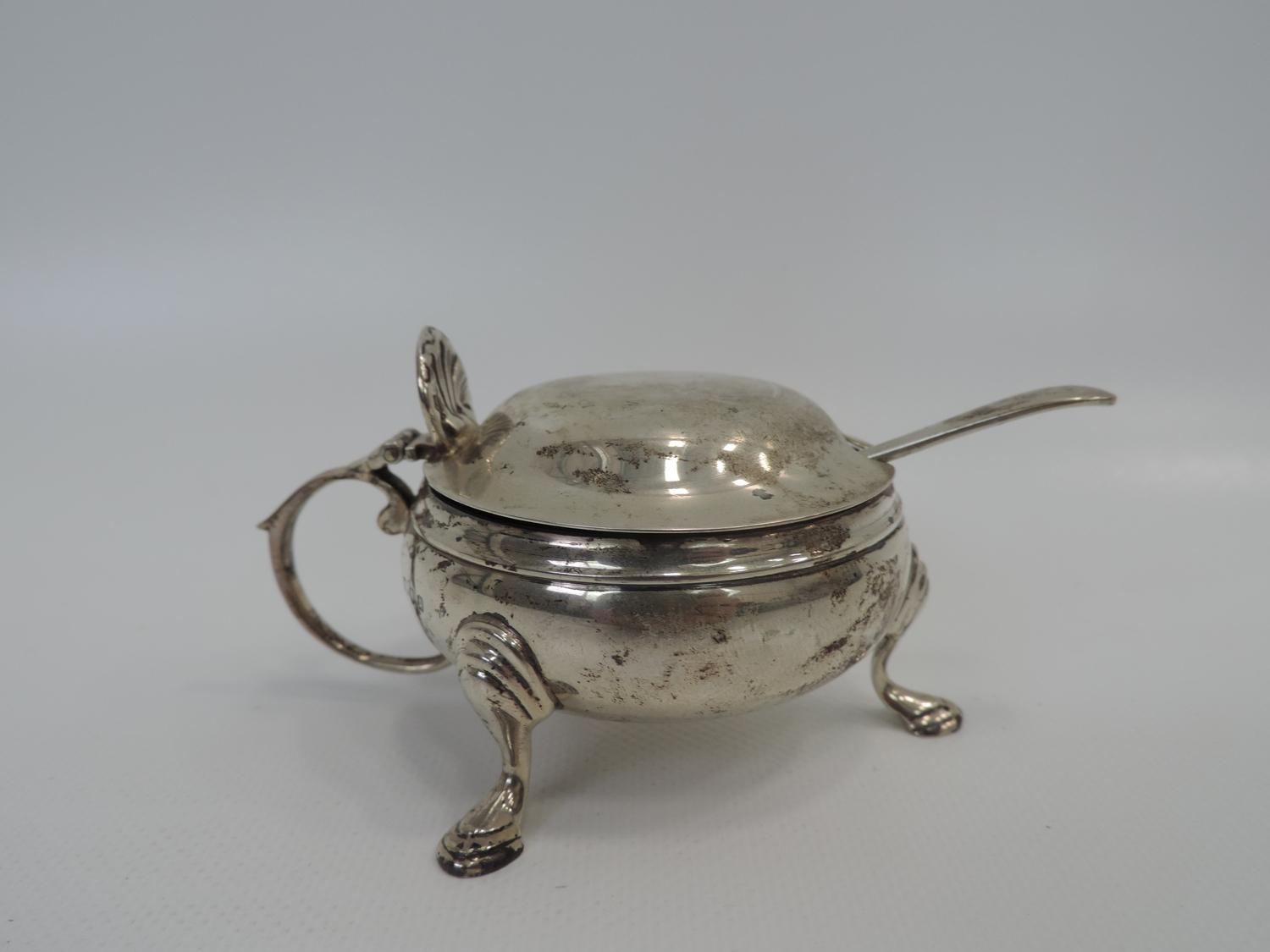 Lidded Three Footed London Silver Salt with Blue Glass Liner and Sheffield Silver Spoon