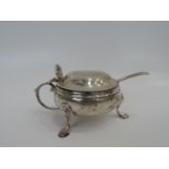 Lidded Three Footed London Silver Salt with Blue Glass Liner and Sheffield Silver Spoon