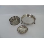 Pierced Silver Plated Wine Coaster and 2x Three Footed White Metal Trinket Dishes