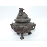 Three Footed Chinese Bronze Censer with Stylised Elephant Head Handles and Foo Dog Decoration -