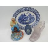 Willow Pattern Plate, Lavender Glass Shoe, Glass Ash Tray and Wedgwood Vase