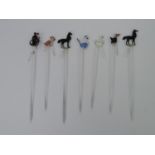 Set of 7x Hand Made Glass Cocktail Sticks with Novelty Animal Decoration to Tops