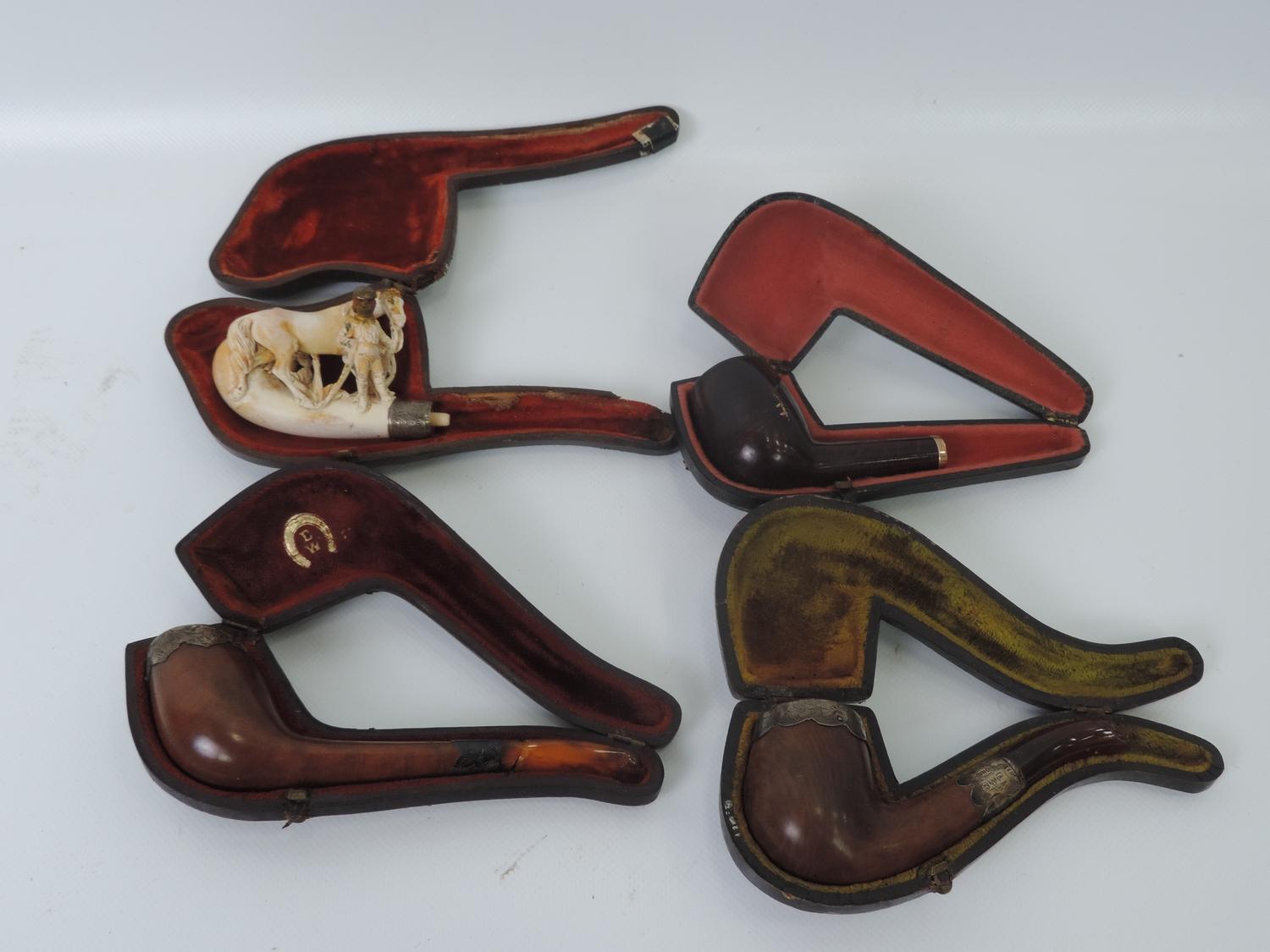 Quantity of Cased Tobacco Pipes - Meerschaum etc 3x with Silver Collars and One with 9ct Gold Mount