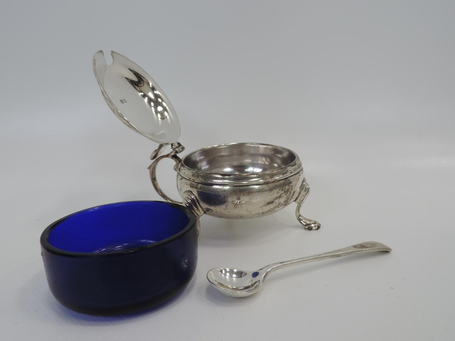 Lidded Three Footed London Silver Salt with Blue Glass Liner and Sheffield Silver Spoon - Image 2 of 7