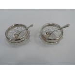 Pair of London Silver Collared Cut Glass Open Salts with a Pair of Birmingham Silver Salt Spoons