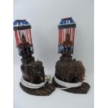 Pair of Carved Teak Elephants in the Form of Wired Lamps with Beaded Shades and Pair of Treen