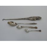 3x Sterling Silver Spoons and a Birmingham Silver Handled Button Hook