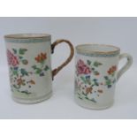 2x 18th Century Chinese Mugs Hand Painted Floral Decoration with Birds - Old Replacement Handle to