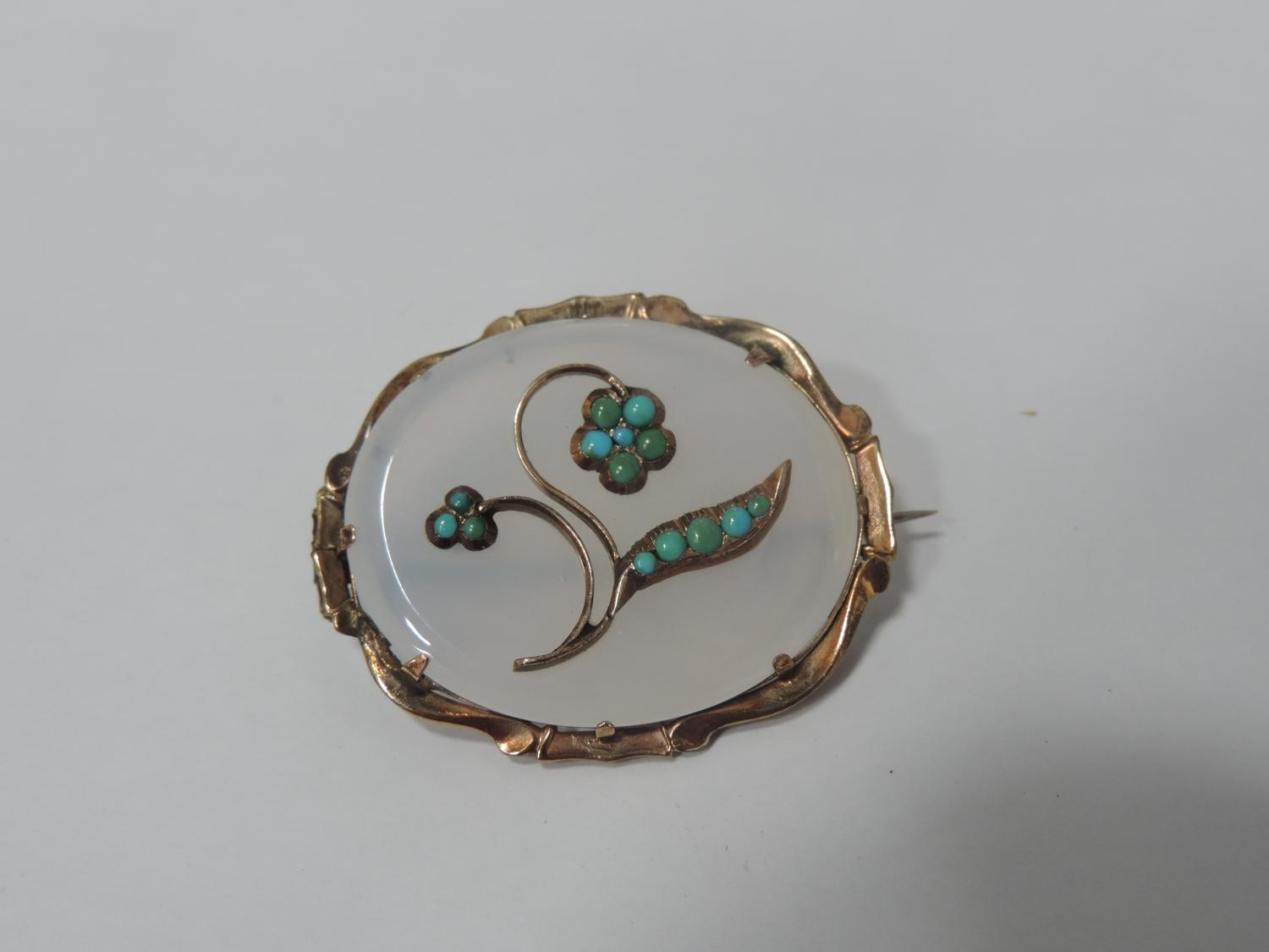 Unmarked Gold Chalcedony Brooch Set with Turquoise in Floral Design