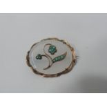 Unmarked Gold Chalcedony Brooch Set with Turquoise in Floral Design