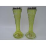 Pair of Vaseline Glass Vases with Silver Collars