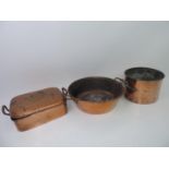 2x Copper Preserving Pans and Copper Two Handled Lidded Roasting Pan