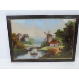 Framed Verre Eglomise Painting on Glass - Windmill on Riverbank - Visible Picture 23" x 15.5"