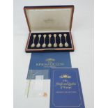 Cased Set of 7x Sterling Silver and 24ct Gold Spoons 'The Kings and Queens of Europe' with