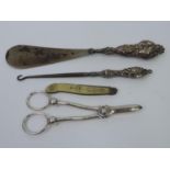 Silver Handled Button Hook and Shoe Horn Ivory Pocket Knife and Pair of Silver Plated Grape Scissors