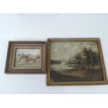 2x Oil on Board Paintings - Cottage Scene and "Morning Exercise"