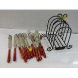 Vintage French Toast Rack and Stained Ivory Handled Fish Cutlery