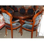 Extending Circular Dining Table with 5x Matching Upholstered Button Back Chairs - Two of which are