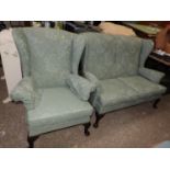 Upholstered Two Seater Wing Back Seat on Cabriole Legs with Matching Wing Back Armchair