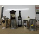 Quantity of Tankards, Miniature Long Case Clock etc