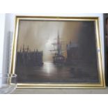 Signed Framed Oil on Canvas - Rigged Ship - Hilton