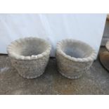 Pair of Circular Concrete Garden Planters - Oak Leaf Design