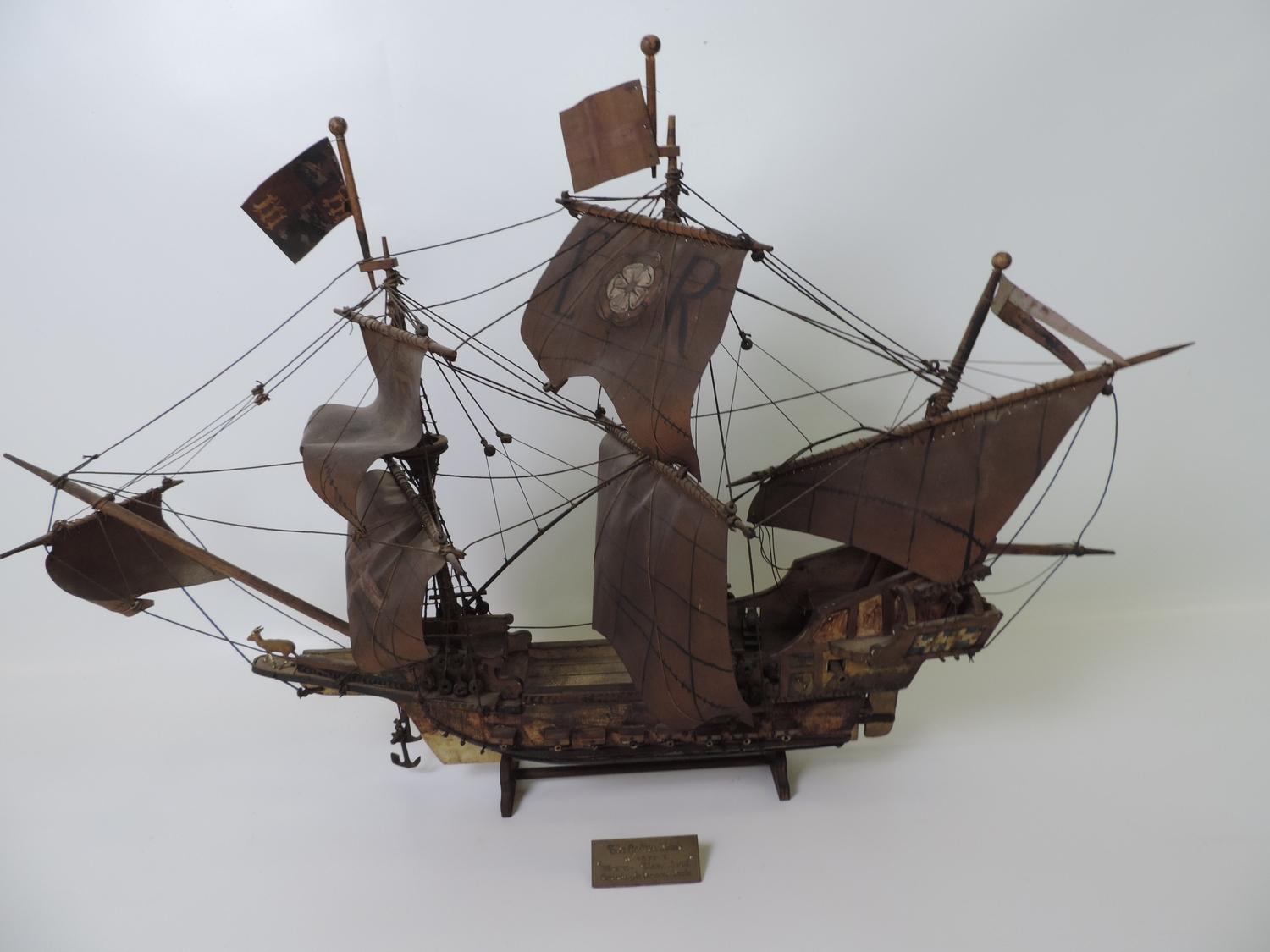 Scratch Built Wooden Model of the Golden Hind - 90cm Long x 58cm High