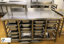 Stainless steel Preparation Table, 1600mm x 850mm, with tray storage, 21 trays with lids and shelf