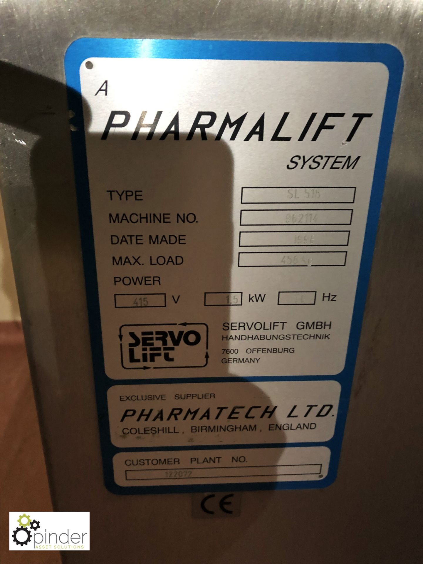 Servolift Pharamlift SL518 stainless steel column type Bin Lifter, 450kg lift capacity, year 1996, - Image 3 of 4