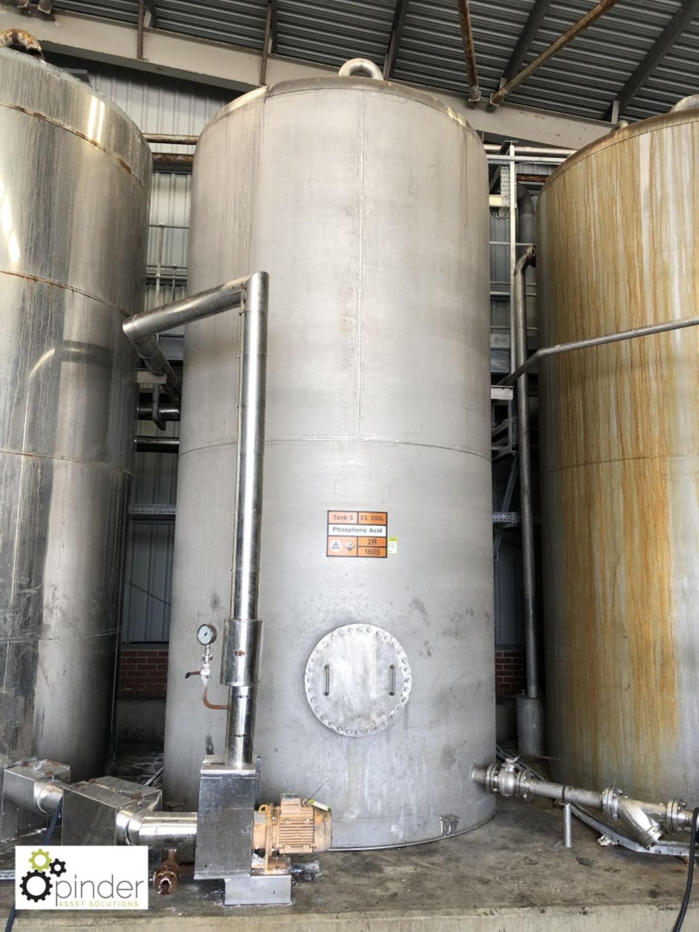Stainless steel Tank, 23000litres, used to store phosphoric acid (please note there is a lift out