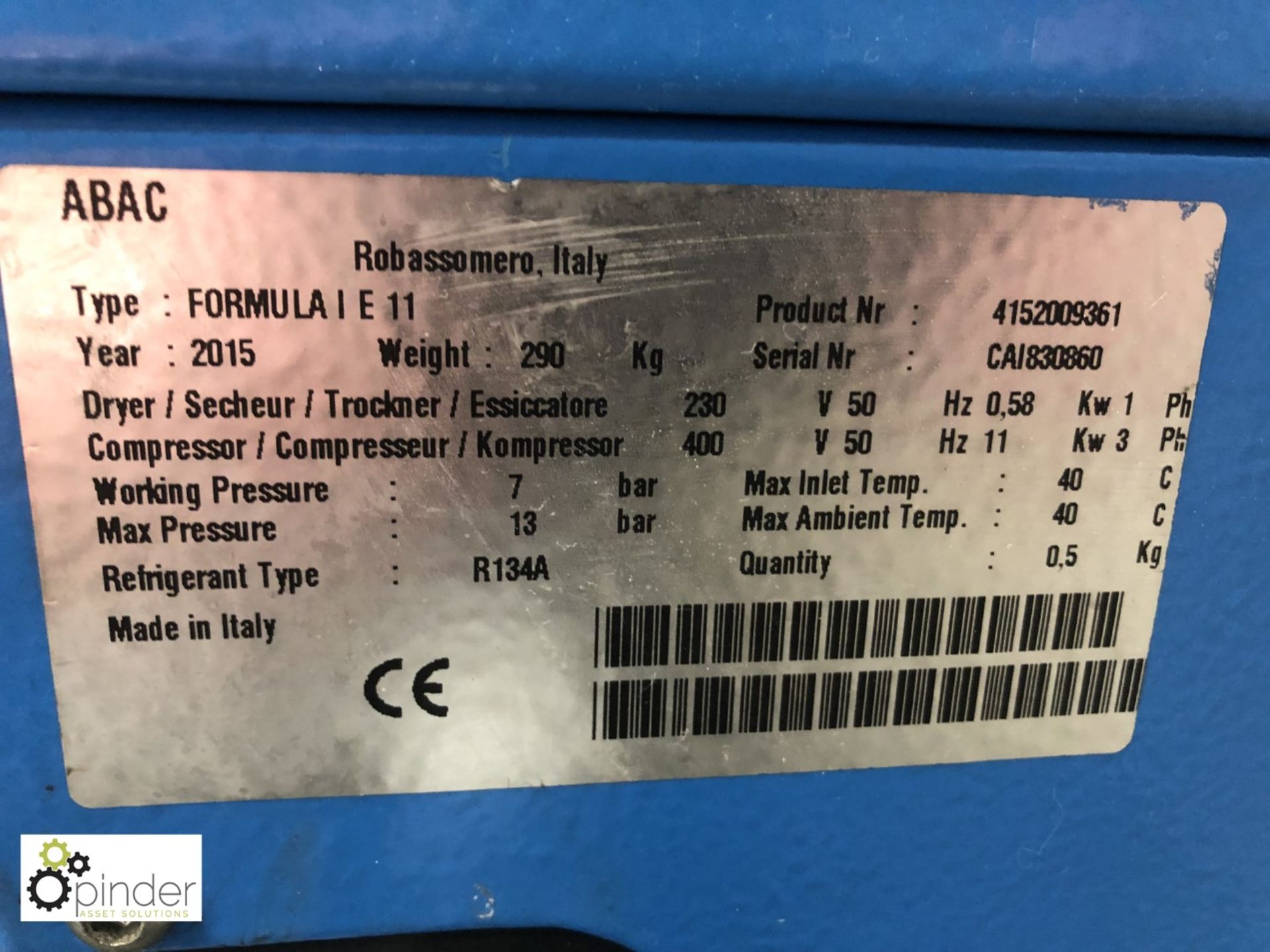 Abac Formula IE11 Packaged Compressor, 7bar working pressure, year 2015, serial number CAI830860, - Image 2 of 4