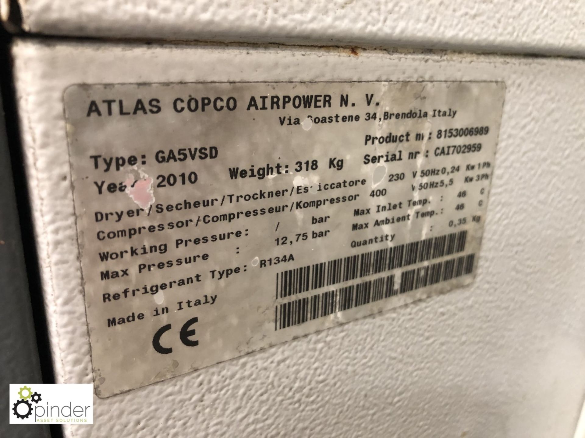 Atlas Copco GA5 VSD FF Packaged Compressor, 12.75bar max working pressure, year 2010, serial - Image 3 of 4