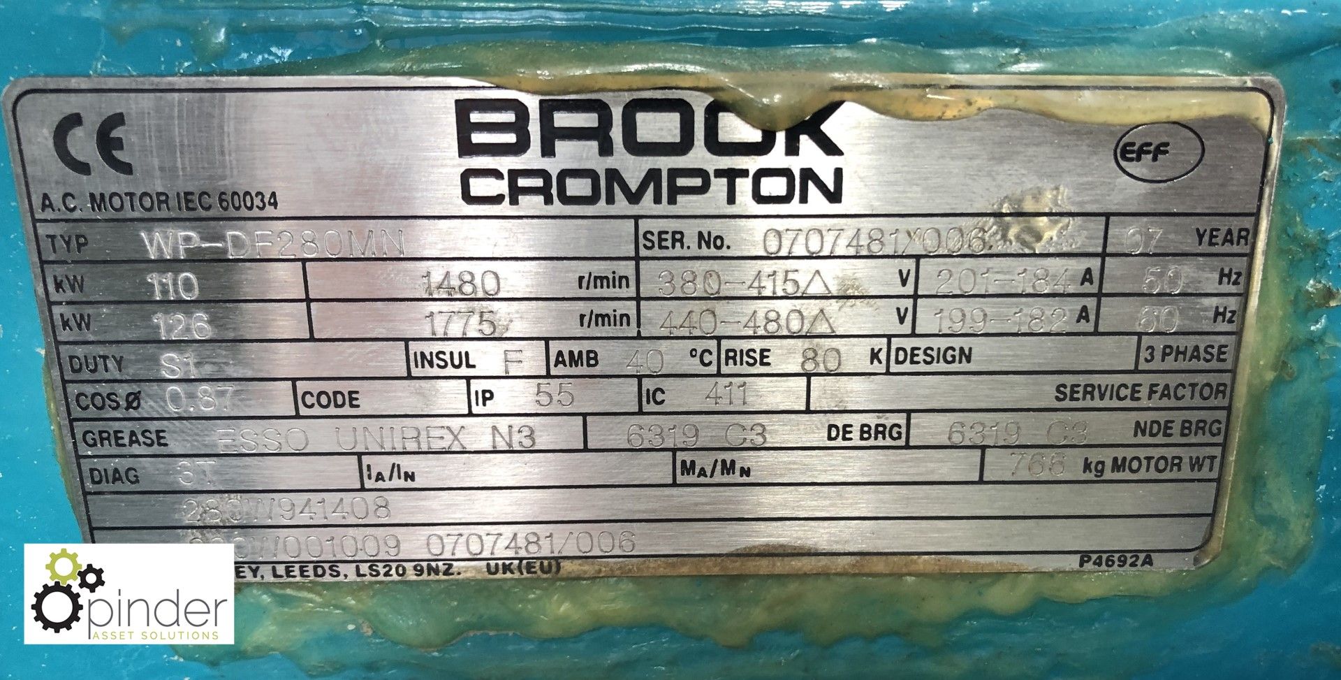 Brook Crompton WP-DF280MM Electric Motor, 110kw, unused (please note there is a £5 plus VAT lift out - Image 2 of 2