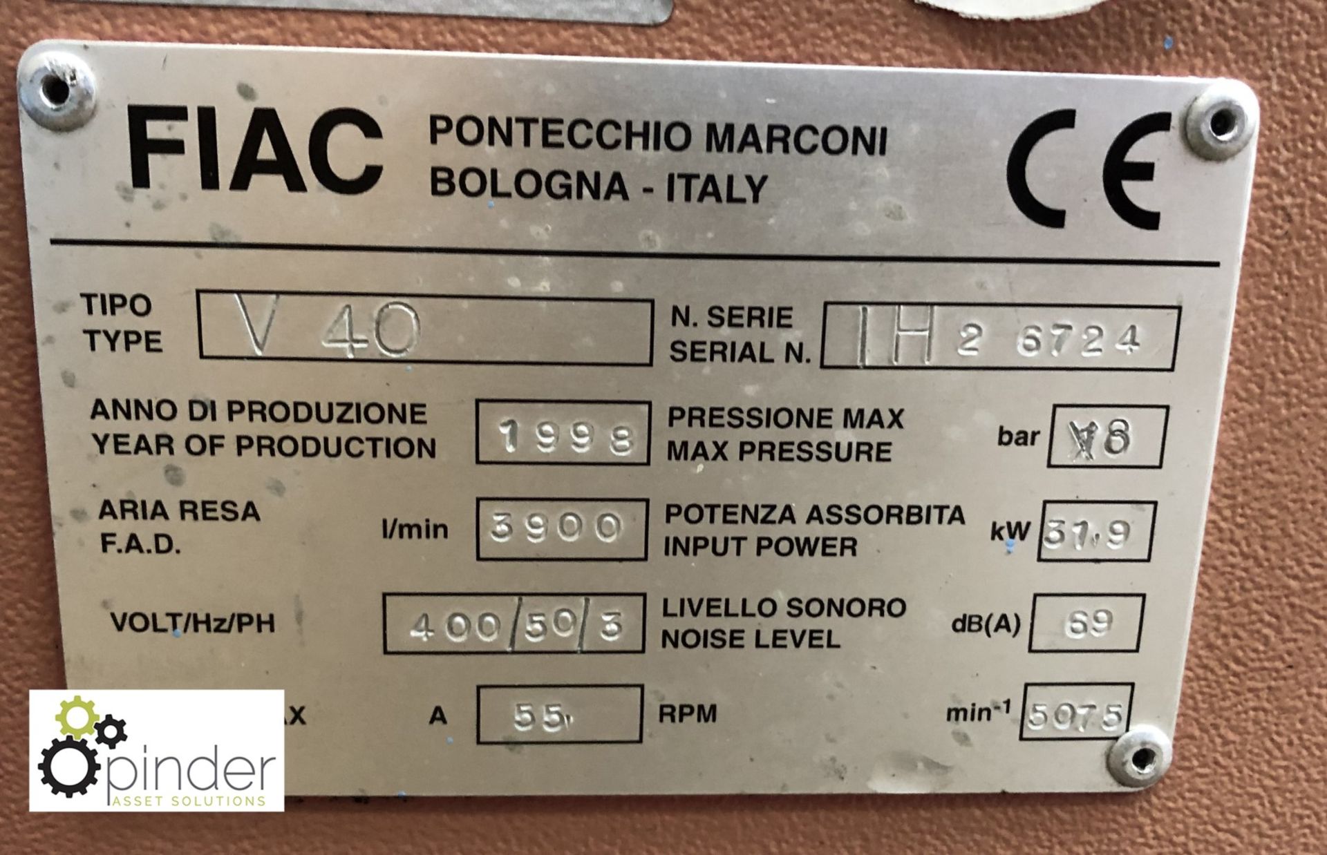 Fiac V40 rotary Screw Compressor, max pressure 18bar, serial number IH26724 (please note there is - Image 4 of 4