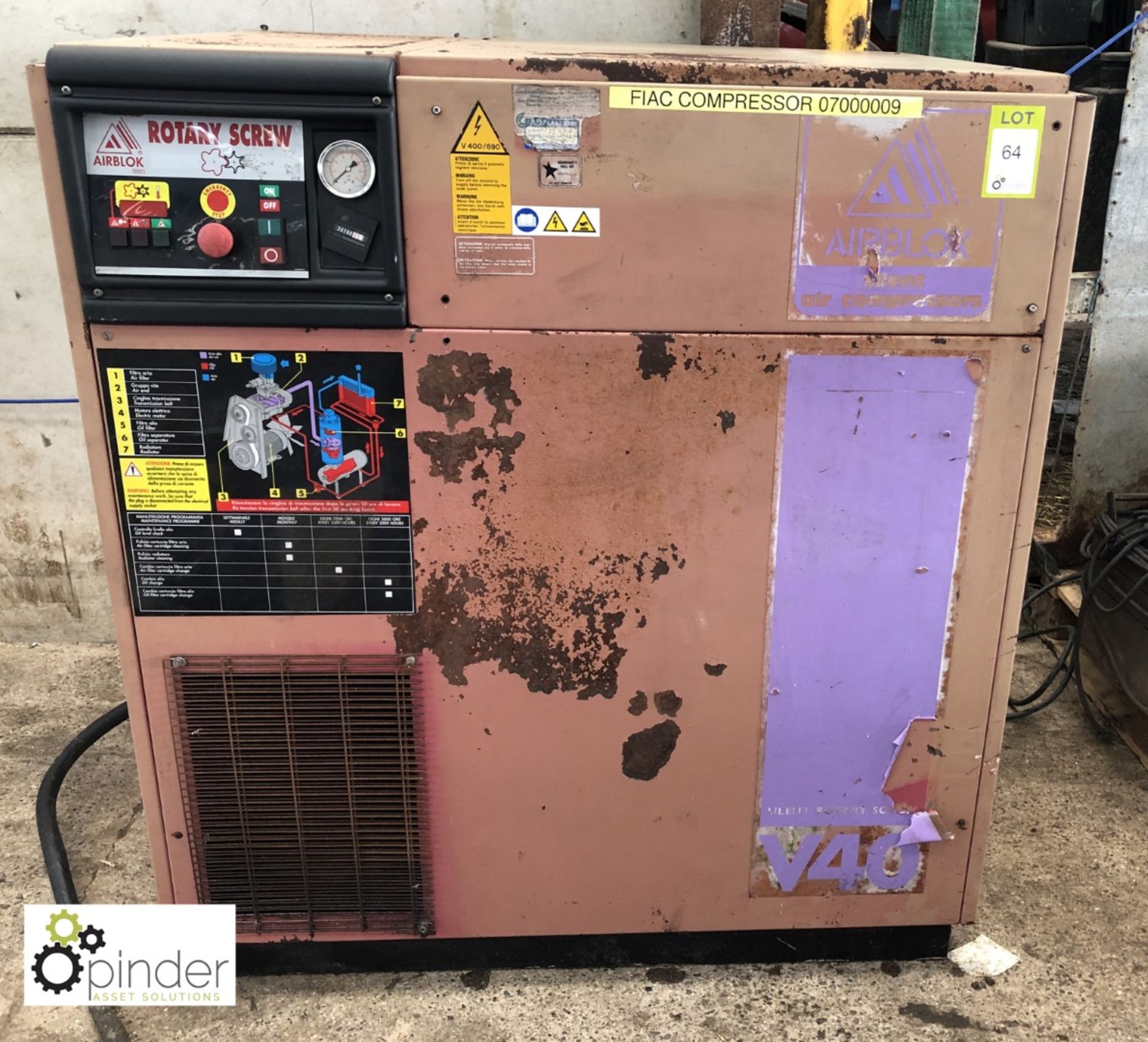 Fiac V40 rotary Screw Compressor, max pressure 18bar, serial number IH26724 (please note there is