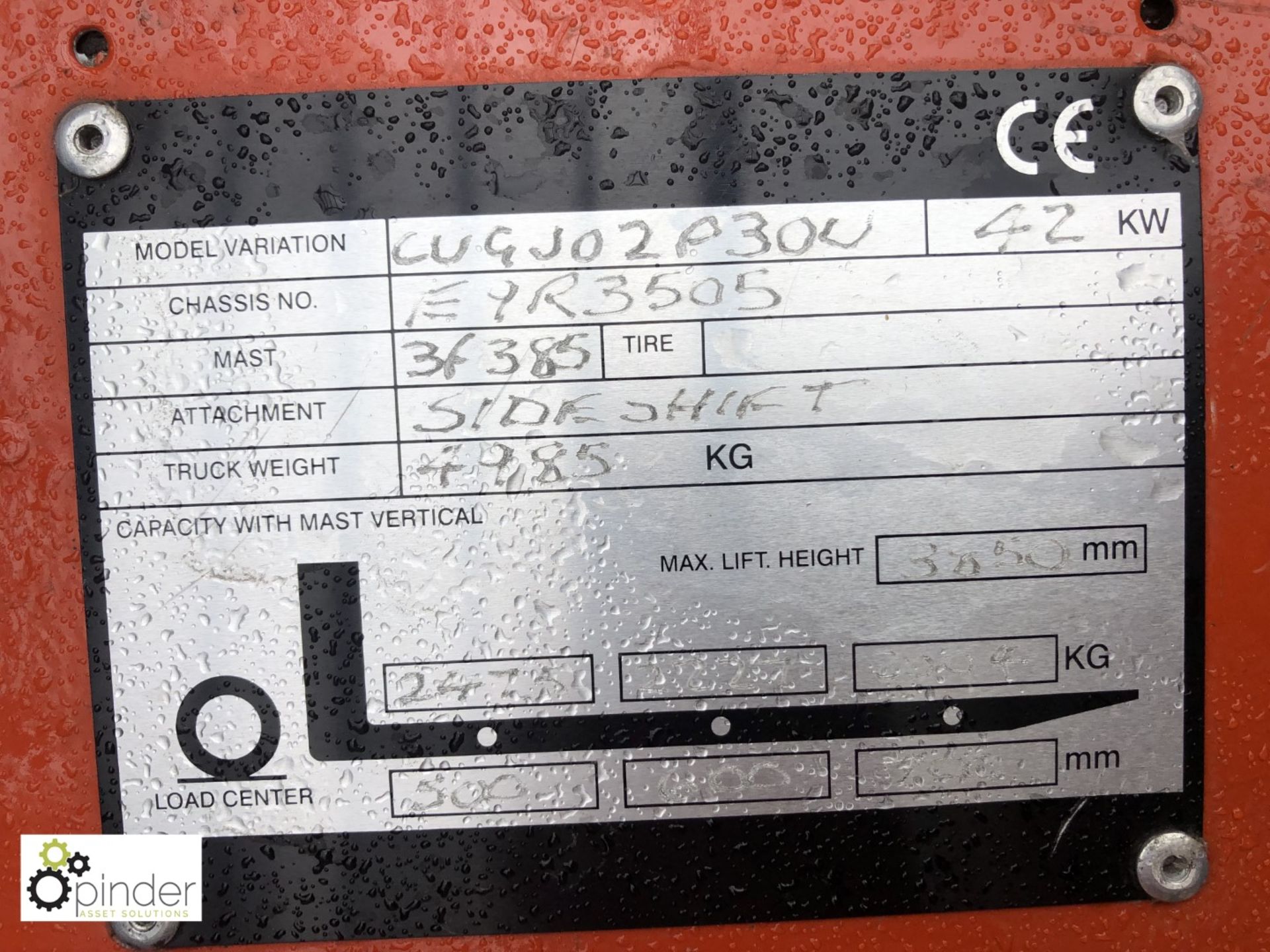 Nissan CUGJ 02P30U LPG Forklift Truck, 3000kg, 9446hours, triplex mast, side shift, 4th hydraulics - Image 10 of 11