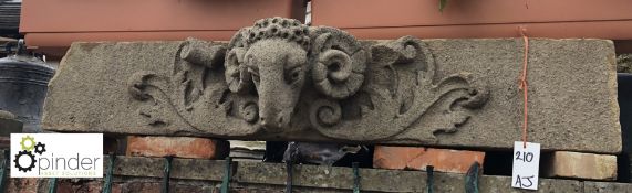Yorkshire Grit Stone carved Rams Head on a door header, 1440mm wide