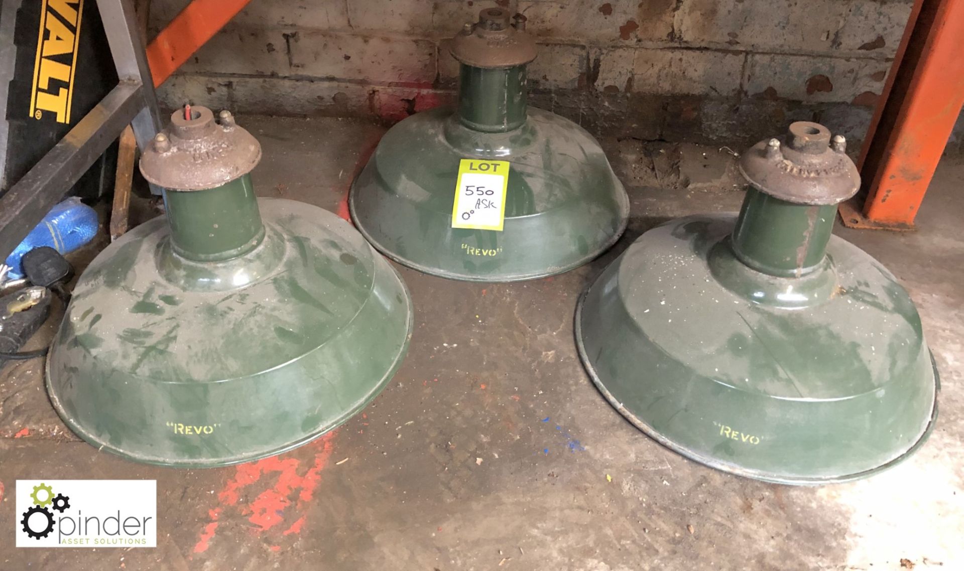3 Enamel green Factory Lamps, by Revo (please note this lot is located at 1 Fair Street, Lockwood,
