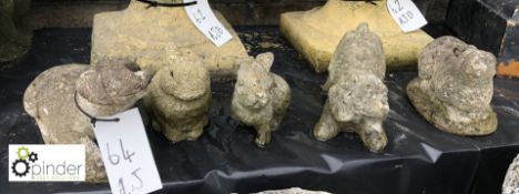 5 reconstituted small Animals and Bases, comprising pig, 3 rabbits and dog, mid 1900s
