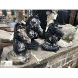 3 reconstituted Stone Horses Heads on Bases, mid 1