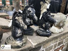 3 reconstituted Stone Horses Heads on Bases, mid 1