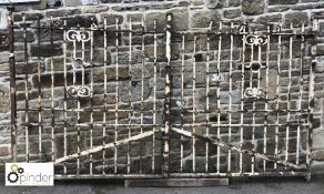 Pair of Edwardian wrought iron blacksmith made Gates, 3100mm total wide x 1700mm tall