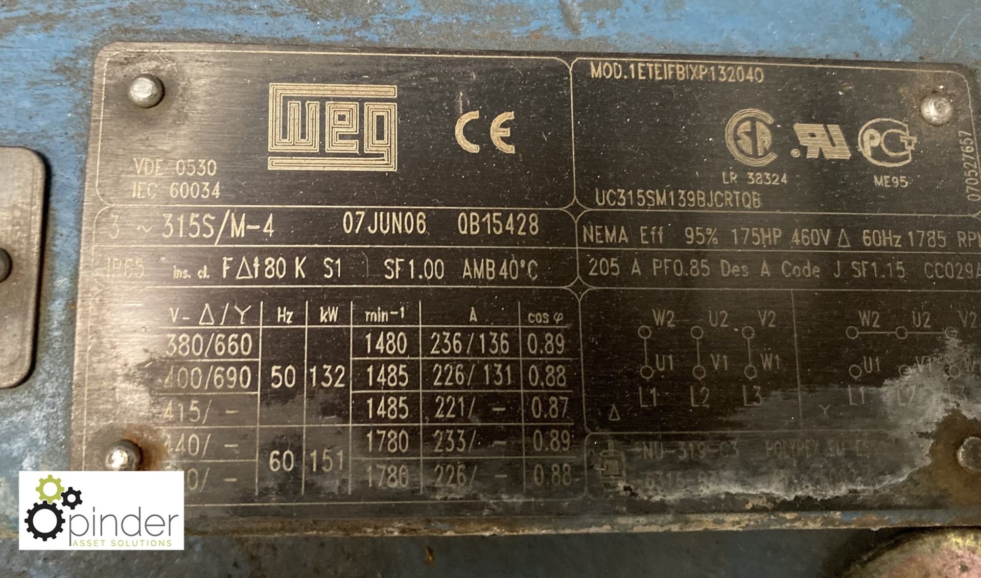 Weg 315SM4 AC Motor, 132kw - Image 2 of 2